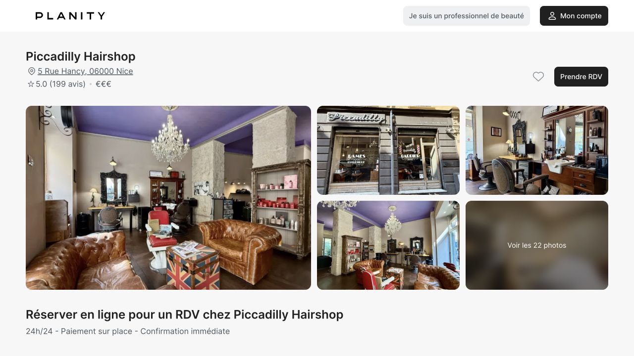 Capture de la page de réservation de Piccadilly Hairshop